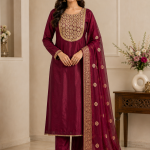 Maroon Mirror Embroidered Suit with Ciffon Dupatta