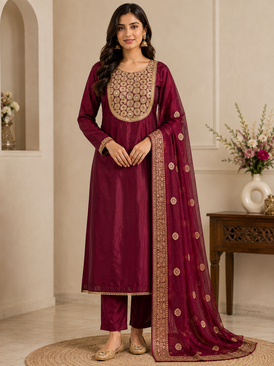 Maroon Mirror Embroidered Suit with Ciffon Dupatta image1 Maroon Mirror Embroidered Suit with Ciffon Dupatta - Image 1